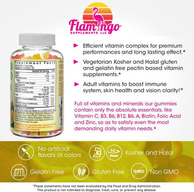 Flamingo Supplements Multivitamin Gummies Vegan Friendly, Kosher Halal No Gluten Or Gelatin, No Gmo For Men, Women & Kids 3 Natural Flavors Vitamins C, B3, B12, Biotin, Zinc & More 100 Gummies