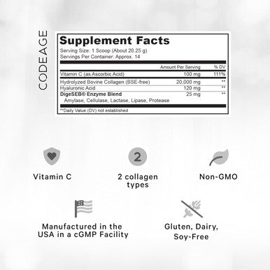 Codeage Collagen Peptides Powder + Vitamin C - 20g Grass-Fed Collagen Per Serving - Digestive Enzymes Hyaluronic Acid 18 Amino Acids - Hydrolyzed Collagen Protein - Non-GMO Unflavored - 9.98 oz