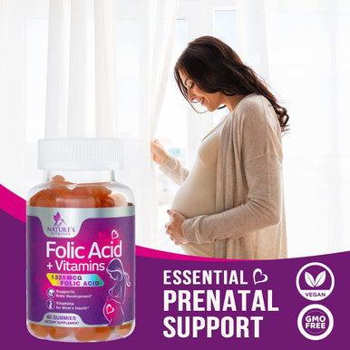 Folic Acid Gummies (2225 mcg DFE) Prenatal Vitamins for Mom & Baby - Before, During, Post Pregnancy, Multivitamin Supplement with Vitamin A, C, D, E, B6, B12 - Nature's Peach Gummy - 60 Gummies