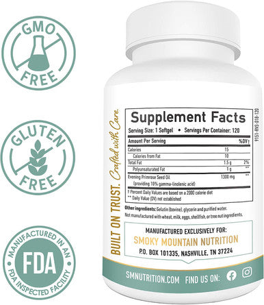 Evening Primrose Oil 1300mg (120 Softgels) 10% GLA from Cold-Pressed EPO Oil. No Preservatives or Artificial Additives; Non-GMO & Gluten Free