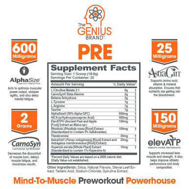 Genius Pre Workout Powder, Grape Limeade - All- Nootropic Pre-workout & -Free Nitric Oxide Booster Supplement with Beta Alanine & Alpha GPC - No Flavors, Sweeteners, or Dyes