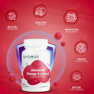 Ambrosial Ambrosial Advanced Omega 3 fish oil supplement | 1100mg High Strength fish oil capsules with 360mg EPA & 240mg DHA |Supports Healthy Heart & Immunity (Pack of 1-60 Softgels)