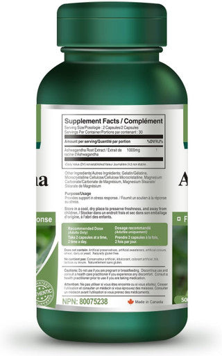 Ashwagandha 1000mg Per Serving (500mg Per Capsule) 60 Capsules Anti Stress Adrenal Fatigue Lack of Energy Difficulty Root Powder Extract Withanolides 1.5% Supplement Non-GMO