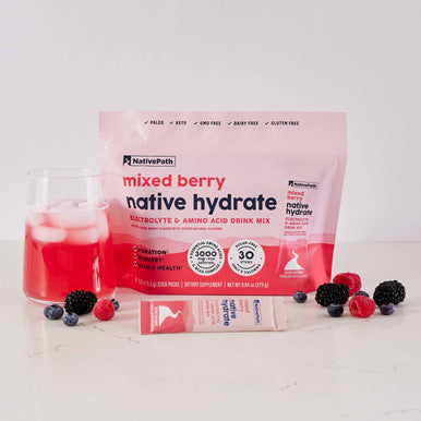 NativePath Native Hydrate Stick Packs Sugar Free Electrolytes Powder with BCAAs Mixed Berry Hydration Keto & Paleo Friendly 30 Servings