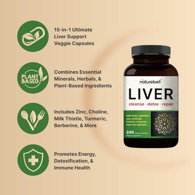 Naturebell Liver Cleanse Detox & Repair, 240 Veggie Capsules Milk Thistle, Dandelion Root, Artichoke, Turmeric, Black Currant Oil & More In 15-In-1 Formula Herbal Liver Support Supplement