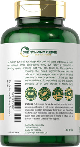Carlyle Korean Ginseng Extract Capsules 2000 mg | 200 Capsules | Non-GMO and Gluten Formula | Standardized Panax Ginseng Supplement