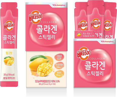 KWANGDONG Vita500 Mango Collagen Peptides Stick Jelly, with Vitamin C, to Support Skin, Hair, Nails and Joints, Marine Collagen, Convenient Daily Sticks