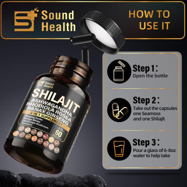 Sound Health Supplements Wild Organic Irish Sea Moss and Shilajit 8000mg Sea Moss 10000mg Shilajit Ashwagandha 2000mg Ginseng Vitamin C Vitamin D3 Black Seed Oil 2 Bottles of 60 Capsules