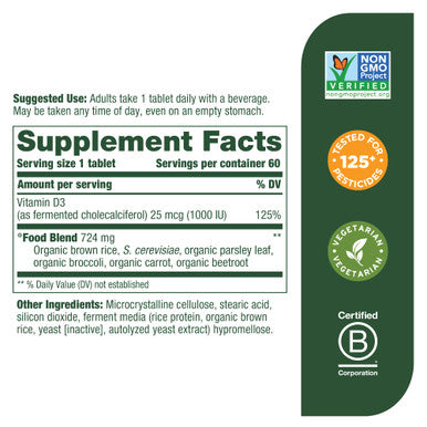 MegaFood Vitamin D3 1000 Iu (25 Mcg) - Immune Support Supplement - Bone Health - With Easily-Absorbed Vitamin D3 Plus Real Food - Non-Gmo Vegetarian - Made Without 9 Food Allergens - 60 Tabs