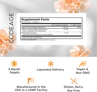 Codeage Liposomal Vitamin E Supplement All Vitamin E Tocopherols 3-Month Supply Alpha Tocopherols Beta Gamma and Delta Liposomal Mixed Tocopherols Non GMO Phospholipid 90 Capsules