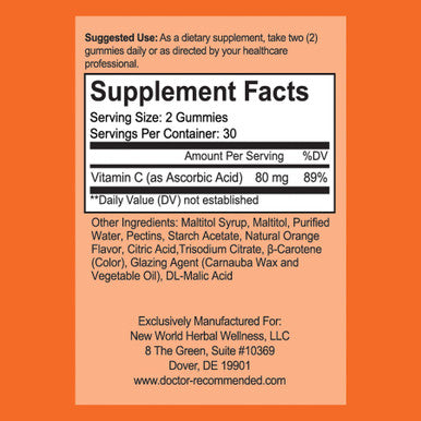 Vitamin C Gummies for Adults and Kids 80mg VIT C Per Serving as Ascorbic Acid Pectin Based Gummy Immune Support with No High Fructose Corn Syrup Gluten or Artificial Sweeteners 60 Gummies