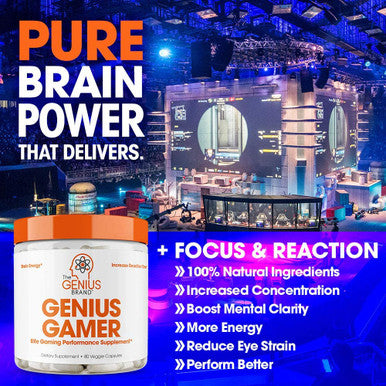 Genius Gamer Elite Gaming Nootropic Focus Brain Booster Supplement Boost Mental Clarity Reaction Time Energy Concentration Eye Vision Vitamins w/Lutein Support Eye Strain 80 Pills