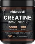 Naturebell Creatine Monohydrate Powder 500 Grams 5000mg Per Serving Pure Unflavored Creatine Powder Micronized Pre Workout Keto Vegan Dissolves Easy Filler 100 Servings 1.1Lb