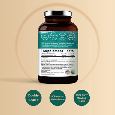 LTyrosine Capsules 1000mg Per Serving 200 Capsules Support Memory Cognitive Health and Mental Alertness Premium Tyrosine Brain Health Supplement No GMOs