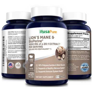 NusaPure Lions Mane 20:1 Extract (20,000 mg Equivalent) - Made with Organic Lion`s Mane and Bioperine - 30% Polysaccharides - 120 Veggie Caps. Non-GMO &