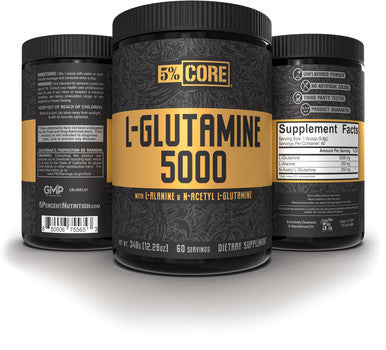 5% Nutrition L-Glutamine 5000 Supplement w/ L-Alanine | Immune & Digestive Support | Amino Muscle Builder Post Workout Recovery | Unflavored (60 Servings)