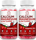 Calcium, Magnesium, Zinc & Vitamin D Gummies - 2 Pack Vitamins For Women, Men & Kids Calcium Supplements For Strong Healthy Bones, Zinc Gummies, Gluten-Free, Vegan - 120 Count