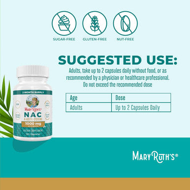 Maryruth Organics Nutritional Supplement Capsule N-Acetyl Cysteine Nac 1000Mg Per Serving Vegan Non-Gmo Gluten Free 120 Count