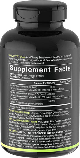 Odorless Garlic Oil Pills 1000mg with Parsley Chlorophyll NonGMO Verified Vegan Gluten 150 PlantGels