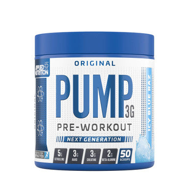 Applied Nutrition Pump 3G Pre Workout Energy Drink Focus and Performance Creatine Monohydrate AAKG Citrulline Beta Alanine Caffeine Vitamin B Gold Complex 375g Standard 50 Servings (ICY Blue Raz)