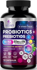 Nature'S Nutrition Daily Probiotics and Acidophilus Prebiotics Supplement 60 Billion CFU Capsule for Women & Men - 10 Diverse Strains - For Bloating Gas & Digestive Gut & Immune Health Support - Vegan - 120 Capsules