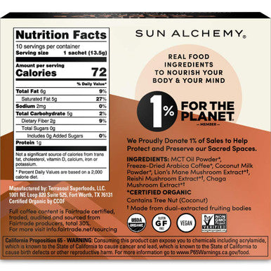 Terrasoul Superfoods Sun Alchemy Cognitive Coffee with Organic MCT Oil Fair-Trade Coffee Lion s Mane Reishi & Chaga - 10 Sachets