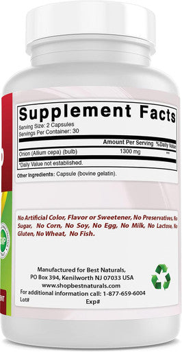 Best Naturals Onion Dried Bulb 1300mg per Serving - 60 Capsules - Also Called (Allium Cepa)