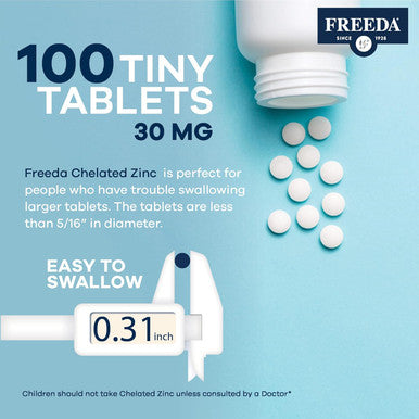 Freeda Chelated Zinc Supplement - Kosher 30 Mg Zinc Chelate Zinc Tablets As Albion Traacs Zinc Bisglycinate - Zinc Chelated For Adults - Pure Zinc 30Mg - Zinc For Men & Women - (250 Tiny Tablets)
