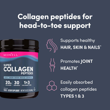 Neocell Super Collagen Peptides 20G Collagen Peptides Per Serving Gluten Free Keto Friendly Non-Gmo Grass Fed Healthy Hair Skin Nails And Joints Unflavored Powder 21.2 Oz. 1 Canister
