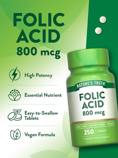Nature'S Truth Folic Acid 800 Mcg 250 Tablets Vegan, Non-Gmo & Gluten Supplement
