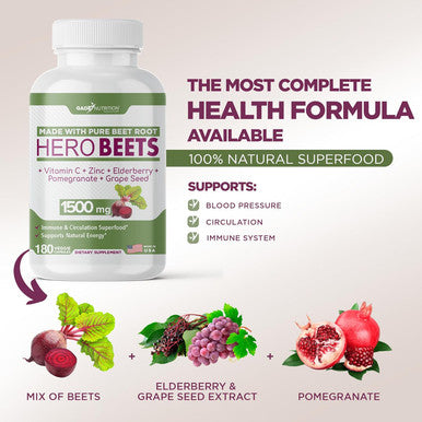 GADE NUTRITION BOOST YOUR HEALTH Beet Root Capsules 1500Mg Organic Beet Root Powder + Vitamin C Zinc, Elderberry Pomegranate Grape Seed Extract Nitric Oxide Supplement Supports For Healthy Circulation 3 Months Supply