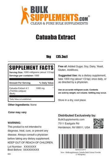 BulkSupplements Catuaba Extract Powder - Sourced from Catuaba Bark, for Energy Support - , No Added - 1000mg , 1000 Servings (1 Kilogram - 2.2 lbs)