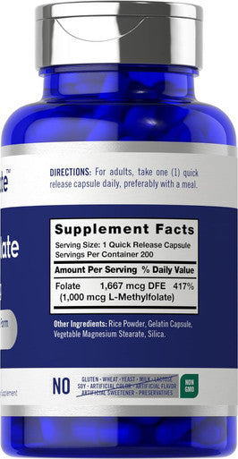 Carlyle L Methylfolate 1000mcg | 200 Capsules | Value Size | Optimized and Activated | Non-GMO Gluten | Methyl Folate 5-MTHF | by Opti-Folate