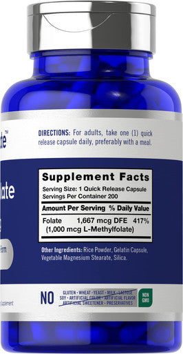 L Methylfolate 1000Mcg | 200 Capsules | Value Size | Optimized And Activated | Non-Gmo, Gluten Free | Methyl Folate, 5-Mthf