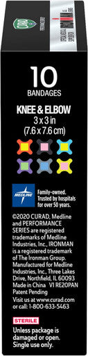 Curad Performance Series IRONMAN Antibacterial Bandages Extreme Hold Adhesive Technology Knee & Elbow 3 inches x 3 inches 10 Count Ideal for Cuts Scrapes Sports and Active Lifestyles