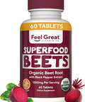 Feel Great Vitamins Organic Beet Root Powder Supplements (Tablets) Beets Nitric Oxide Supplement Red Beet Powder Support Healthy Circulation With Natural Nitrates For Natural Energy