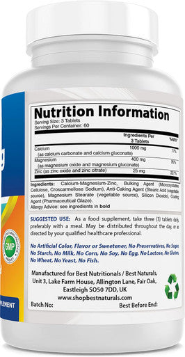 Best Naturals CAL MAG ZINC by - Essential Mineral Complex - Manufactured in a USA Based GMP Facility and Third Party Tested for Purity.180 Tablets