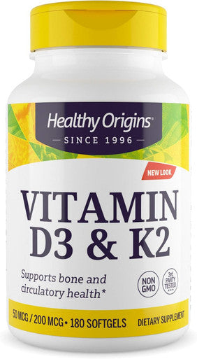 Healthy Origins Vitamin D3 & K2, 50 Mcg (2, 000 IU)/K2 200 Mcg, Softgels, 180 Count (Pack of 1)