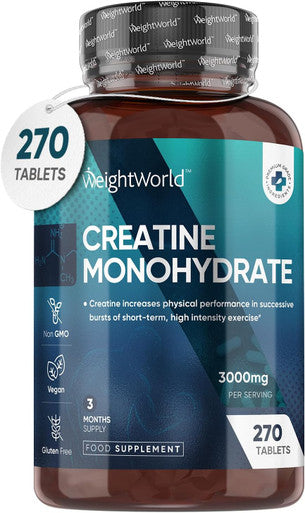 Weightworld Creatine Monohydrate Tablets 3000mg - 270 Creatine Tablets - Gym Supplement for Men & Women - Creatine Monohydrate Powder Alternative - Vegan & Keto Unflavoured Energy Supplement for Workout