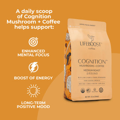 Lifeboost Cognition Adaptogenic Mushroom Coffee Great Tasting Organic Lions Mane and Chaga Medium Roast Nootropic Coffee Increase Energy Boost Focus and Immune Support 12 oz Bag Ground
