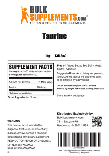 BulkSupplements Taurine Powder - Taurine Supplement, Amino s Supplement - 2g or L-Taurine Supplement - Taurine 2000mg, Taurine for Dogs (1 Kilogram - 2.2 lbs)