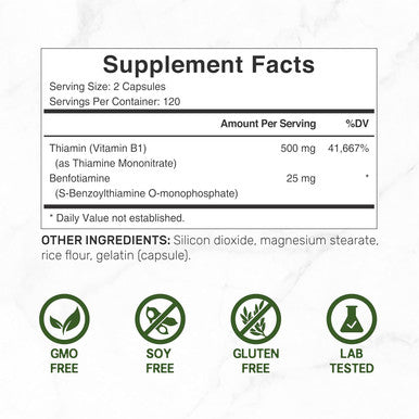 Deal Supplement Vitamin B1 500mg with Benfotiamine 240 Capsules 2 in 1 Enhanced Formula Fat & Water Soluble Thiamine B1 Supplement Third Party Tested Non-GMO No Gluten