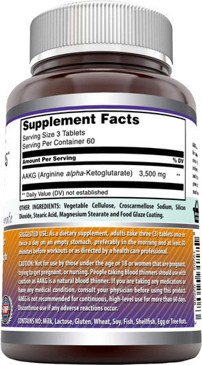 Amazing Nutrition Formulas AAKG Arginine Alpha-Ketoglutarate 3500 Mg Per Serving 180 Tablets (Non-GMO) -Supports Synthesis of Proteins -Supports Lean Muscle Mass Strength Gain & Endurance