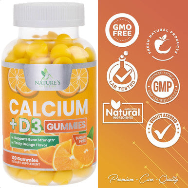 Sugar Free Calcium Gummies with Vitamin D3 - Premium Calcium Phosphate & Vitamin D Gummy Chews Support Bones & Teeth - Nature's Non-GMO Supplement, Tasty Orange Flavor, for Everyone - 120 Gummies