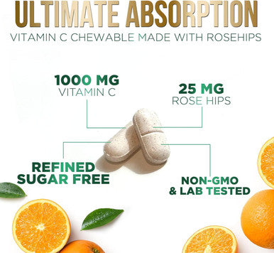 Nature'S Nutrition Chewable Vitamin C 1000 mg - Extra Strength Antioxidants for Powerful Immune Support with Vitamin C & Rose Hips - Potent Dietary Vitamin Supplement - Natural Vegan Gluten- Non-GMO - 120 Tablets