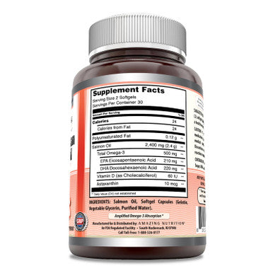 Amazing Omega Wild Alaskan Salmon Oil 2400Mg Per Serving 60 Softgels Supplement Omega-3 Epa/Dha Vitamin D and Astaxanthin