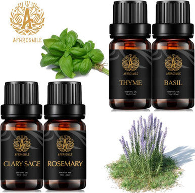 Aromatherapy Clary Sage Essential Oil Set for Diffuser, 100% Pure Thyme Essential Oils Kit for Humidifier, 4X10ml Therapeutic Grade Fresh Grassy Essential Oils Set-Clary Sage,Thyme,Rosemary,Basil Oil