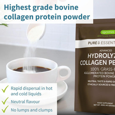 100% Grass Fed Bovine Collagen, Advanced Hydrolyzed Collagen Peptides, 400G, Easy-Mix, Super Premium Protein Powder, 40 Servings, By Igennus