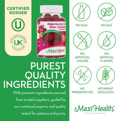 Maxi Health Elderberry Zinc Gummies - Organic Sambucus Elderberry Gummies w/Zinc and Vitamin C - Vegan Immune Support for Adults and Kids - 60 Gummies - with Green Pillbox