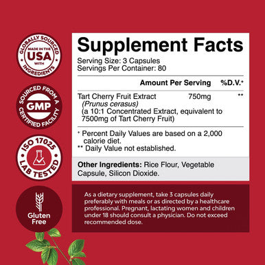 Natures Craft Extra Strength Tart Cherry Capsules - Tart Cherry Extract Capsules 7500mg Non-GMO Tart Cherry Fruit Equivalent per Serving - Advanced Uric Acid Cleanse and Joint Support Supplement - 240 Capsules
